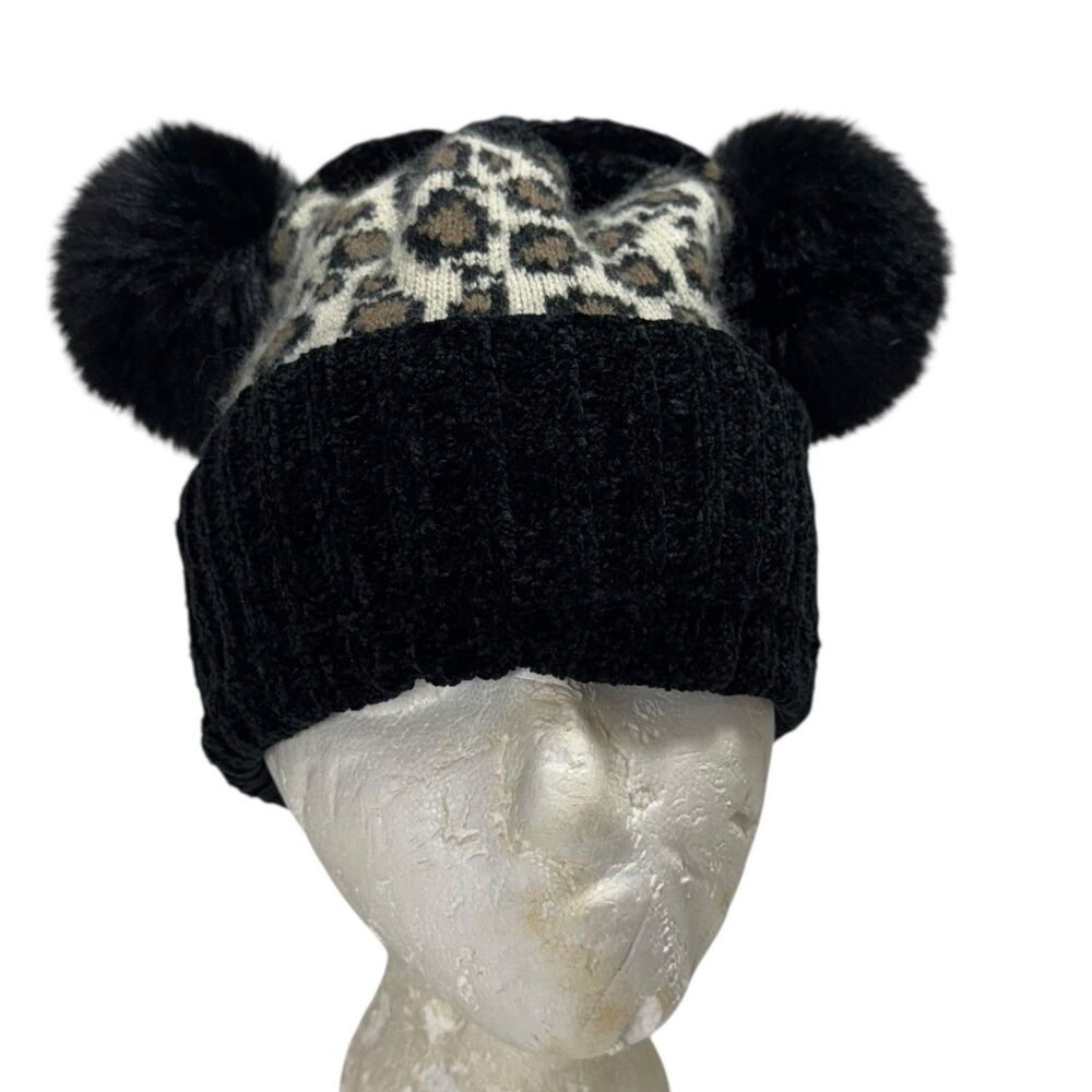 Women Winter Beanie Leopard Print Double Faux Fur Pom Pom